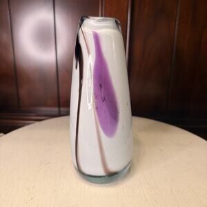SIGNED Rollin Karg Hand Blown Glass Bud Vase White And Purple 7” Vintage